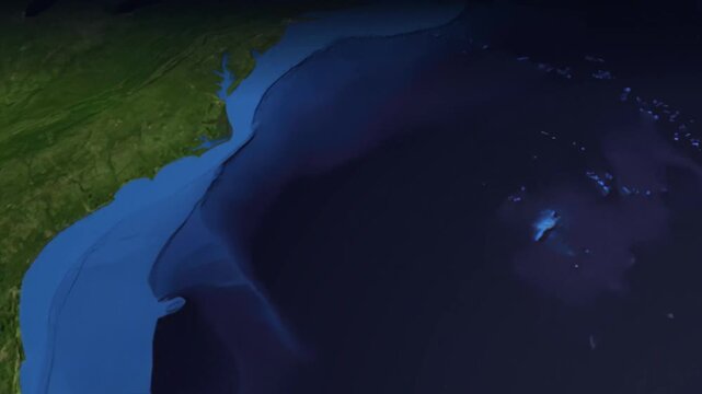 Dynamic animated flight path from Atlanta to Seoul on spinning globe showing continents and oceans.