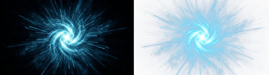 Blue energy burst effect on black and white backgrounds. Glowing cosmic swirl explosion. Abstract portal light rays for sci-fi design. © riponhossain