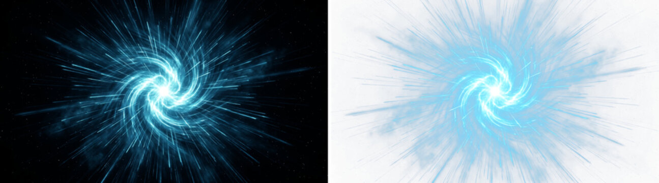 Blue energy burst effect on black and white backgrounds. Glowing cosmic swirl explosion. Abstract portal light rays for sci-fi design.