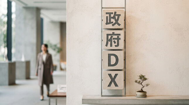 「政府DX」の文字を飾るオフィスのインテリアとビジネスイメージ