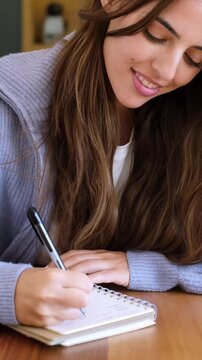 Close-up of a happy young woman with long hair smiling while writing down her thoughts, plans, or creative ideas in a personal spiral notebook, finding joy in journaling and self-reflection