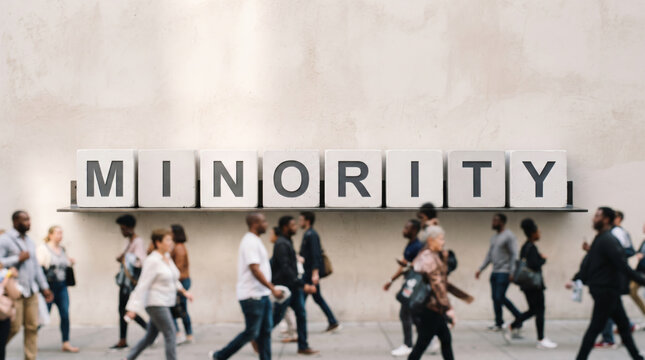 「MINORITY」の文字を表示した多様な人々が行き交うイメージ