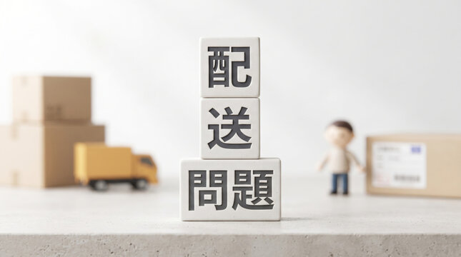 「配送問題」の文字を配置した積み木とトラックや段ボールのイメージ素材