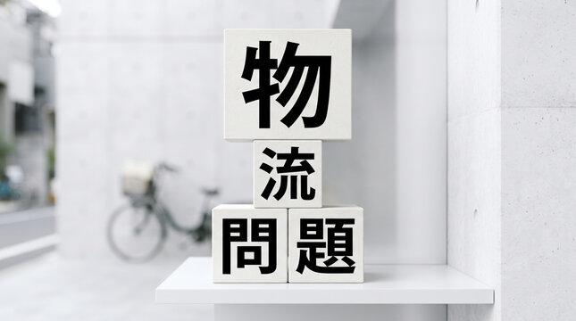 「物流問題」の文字を配置した積み木と街並みのコンセプト画像