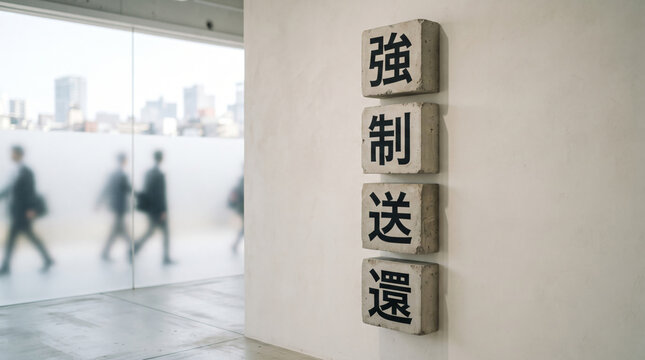 「強制送還」の文字を表示したコンクリートブロックと社会問題をイメージしたビジュアル