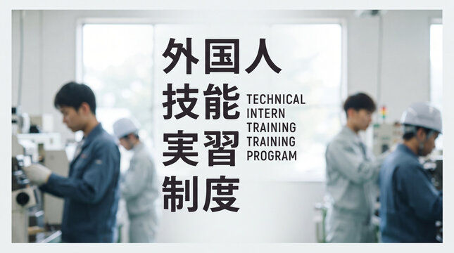 「外国人技能実習制度」の文字を配置した製造工場と作業員のビジュアル