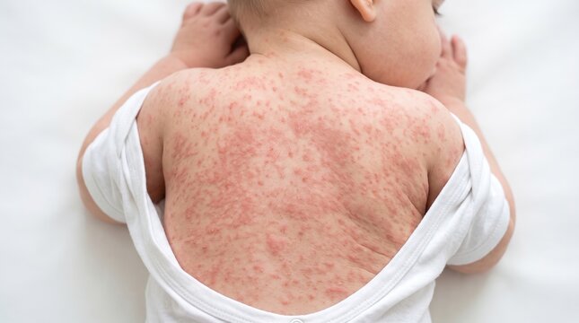 Rear view of baby back covered with widespread red rash skin eruption from allergic reaction or measles