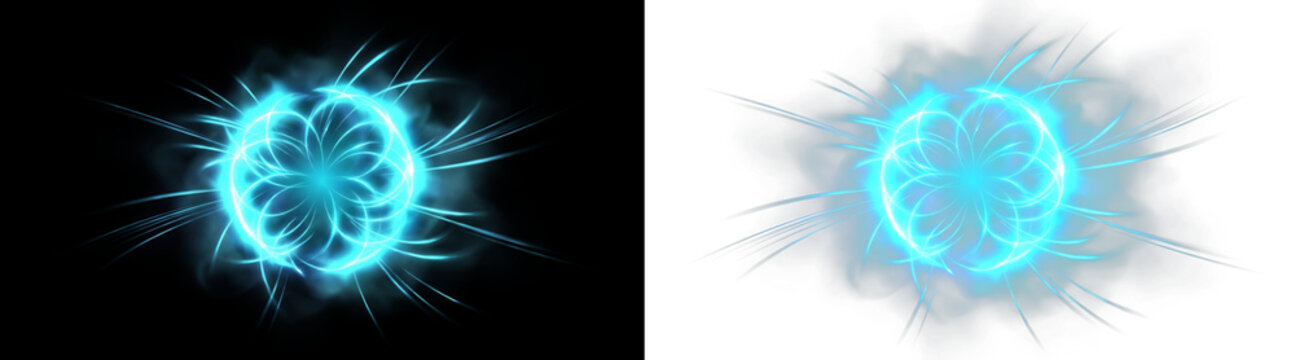 Cyan energy portal effect, glowing magic circle on black and white background, ethereal plasma burst for gaming and sci-fi