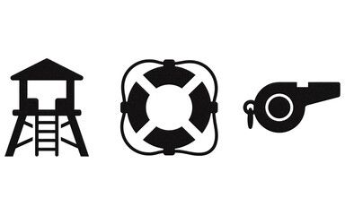 Lifeguard safety icons set, black beach rescue symbols on white background, lifeguard tower lifebuoy and whistle graphics © riponhossain