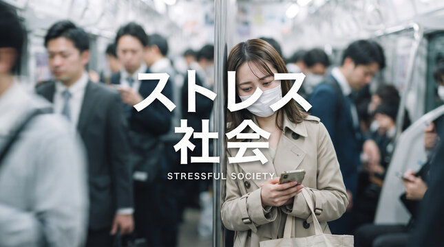 満員電車で疲弊する女性と「ストレス社会」の文字を表現したビジネスコンセプト画像