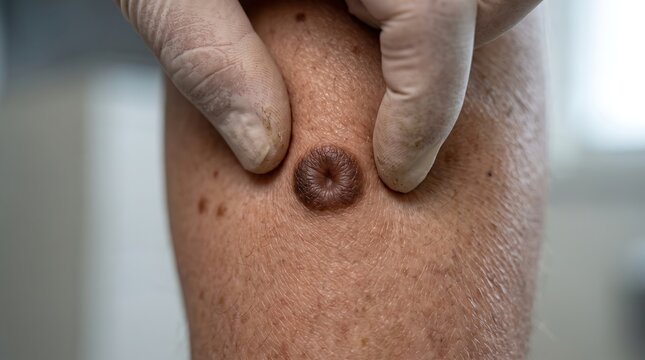 Dermatologist hands in gloves examining a large raised skin mole melanoma lesion on patient skin