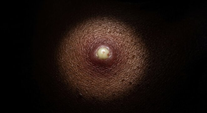 Macro detailed photo of inflamed skin boil abscess with white pus center under focused lighting