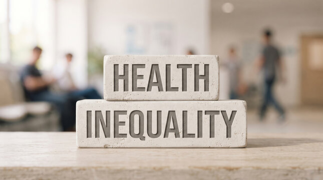 「HEALTH INEQUALITY」の文字を刻んだブロックで表現する健康格差と医療の社会問題