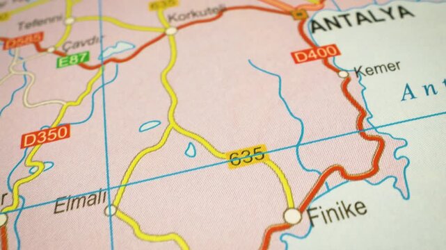 route to antalya, turkey &ndash; gliding camera over atlas map