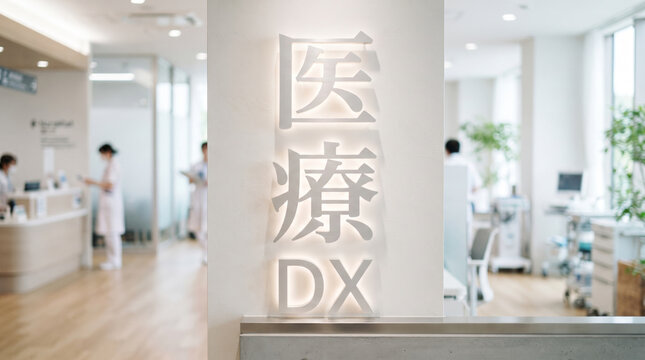 「医療DX」の文字を配置した現代的で清潔感のある病院・クリニックの内観イメージ