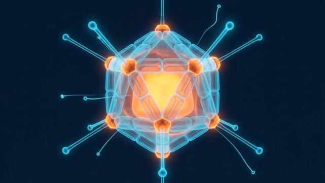 3D medical illustration of an adenovirus structure featuring a glowing blue icosahedral capsid and orange spike proteins on a dark background