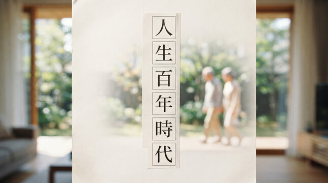 「人生百年時代」の文字と高齢夫婦のセカンドライフイメージ
