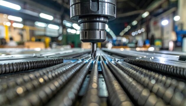 Close-up of a CNC milling machine head working on metal rods in a factory setting, industrial production line