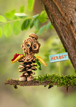Rustic Fall owl Made from Natural Materials in Autumn Woodland