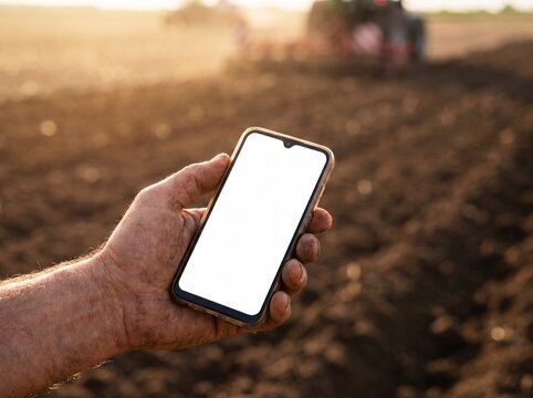 Farmer holding a blank smartphone on a ploughed field
