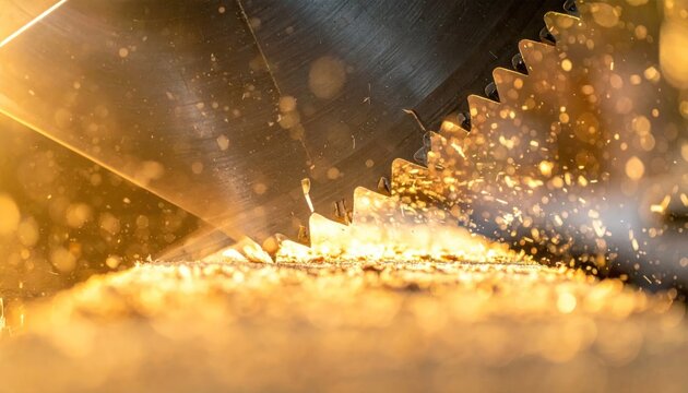 Close-up of a circular saw blade cutting wood, creating sparks and sawdust in dramatic golden light.