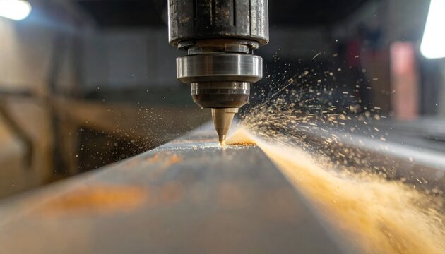 Close-up of a CNC milling machine bit carving into metal, creating a shower of sparks and dust.