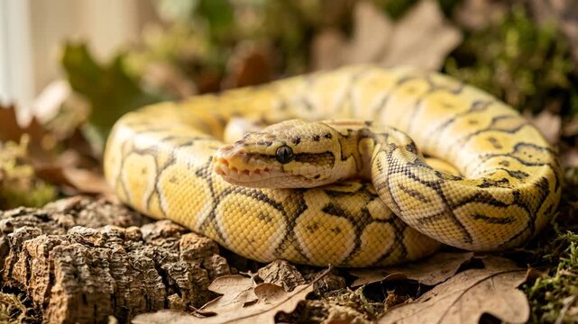 lemon blast ball python close up at morning light in west africa tropical forest video
