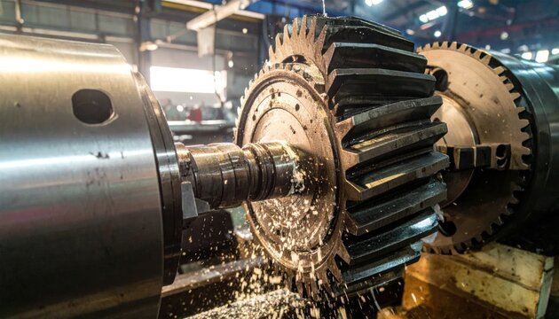 Close-up of a large metal gear being machined on a lathe in a factory, with metal shavings flying.