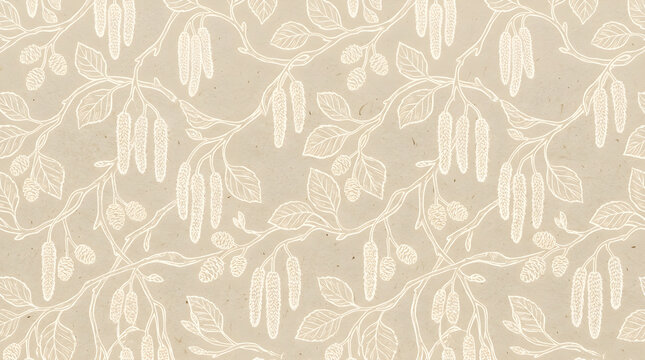Seamless hand drawn print pattern of small pussy willow catkin clusters in soft ivory linework on warm beige textured paper design great for poster and canvas print design projects