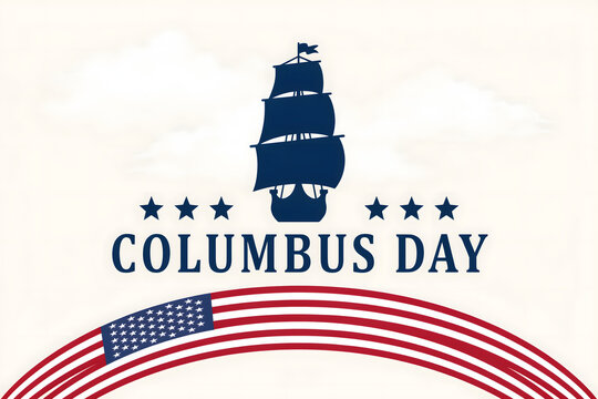 Columbus day emblem with a dark blue sailing ship silhouette, six stars, and a curved american flag base on a light cloudy background sky