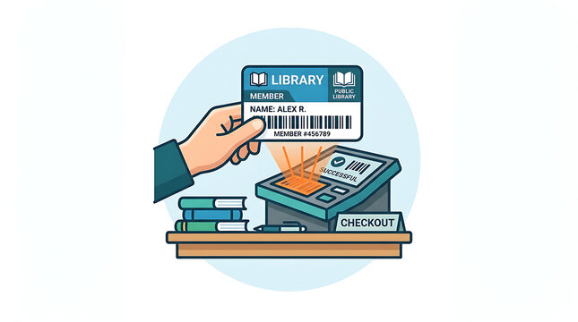 A hand scanning a library card at a self-service checkout terminal