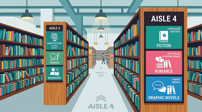 Aisle view inside a brightly lit public library with organized bookshelves and navigation signage