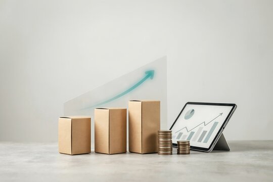 Cardboard shipping boxes of different sizes with a tablet displaying financial charts and a floating upward trend arrow on white surface