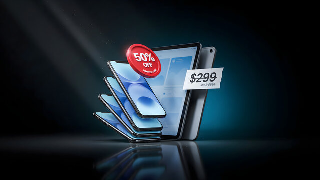 Floating stack of smartphones and a tablet with a fifty percent off badge and a price tag of two hundred ninety nine on a dark background