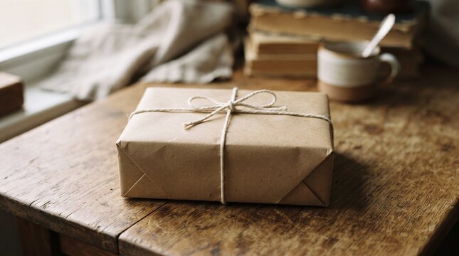Wrapped brown paper parcel with string tied in a bow on a rustic wooden table