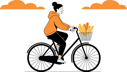 Fototapeta premium Woman riding bicycle with autumn leaves in basket illustration line art vector