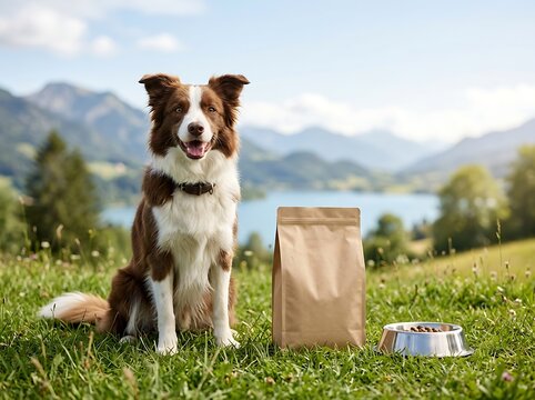 Friendly brown and white dog sitting on grass near dog food bag and bowl in scenic outdoor setting