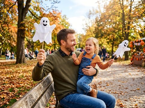 Father and toddler holding ghost cutouts during autumn park walk with seasonal foliage