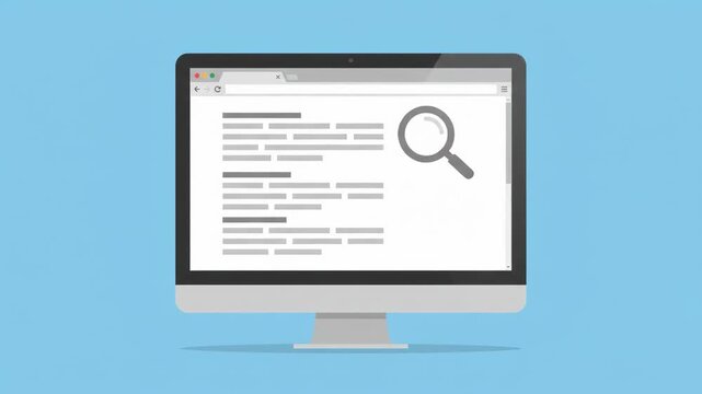 Computer monitor displaying a web browser with a search bar and magnifying glass icon, symbolizing online search and internet browsing.