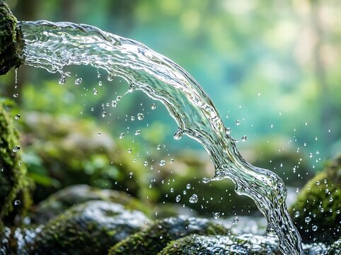 Clear mountain stream cascading over moss-covered rocks in lush forest setting with shallow depth of field