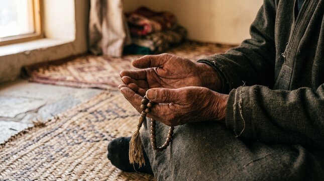 Elderly weathered hands cupped in prayer holding tasbih beads
