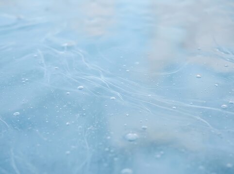 Close-up view of frozen ice surface with water droplets in cold winter environment