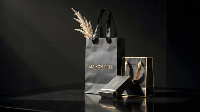 Luxury black shopping bags with gold branding and a small gift box on a reflective surface with dried pampas grass against a dark background