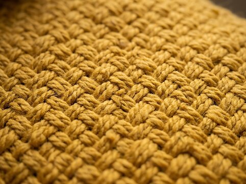 Close-up of tightly woven mustard yellow knit fabric with textured stitching