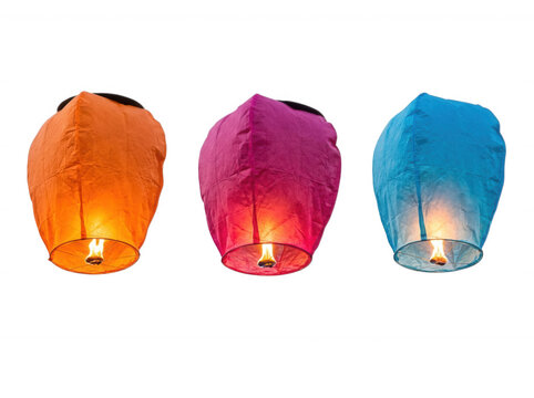 Three colorful floating sky lanterns isolated on transparent background