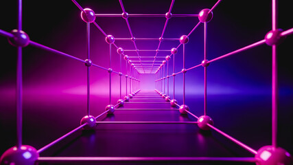 Fototapeta premium 3D Rendered Neon Pink Grid Tunnel Perspective View