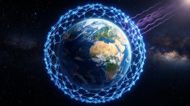 Digital network of satellites orbiting planet Earth in deep space