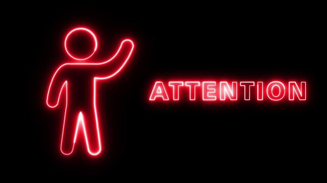 Glowing Neon Red Attention Symbol Featuring a Stick Figure Person Waving to Signal Alert and Warning for Visual Communication and Safety Signage