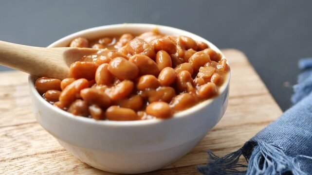 Close-up cinematic footage of delicious baked beans being stirred and served in a white bowl on a wooden cutting board
