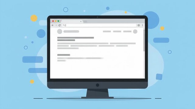Modern flat design illustration of a web browser window on a computer monitor with abstract shapes in the background, representing internet browsing or online activity.